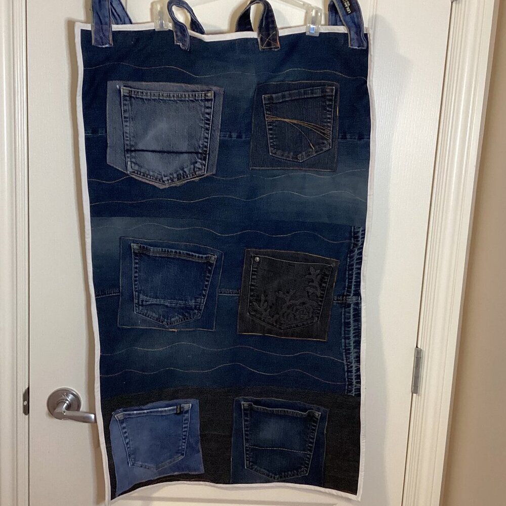 Denim Hanging Wall Organizer With Pockets Makeup Tools Bathroom Kitchen Storage